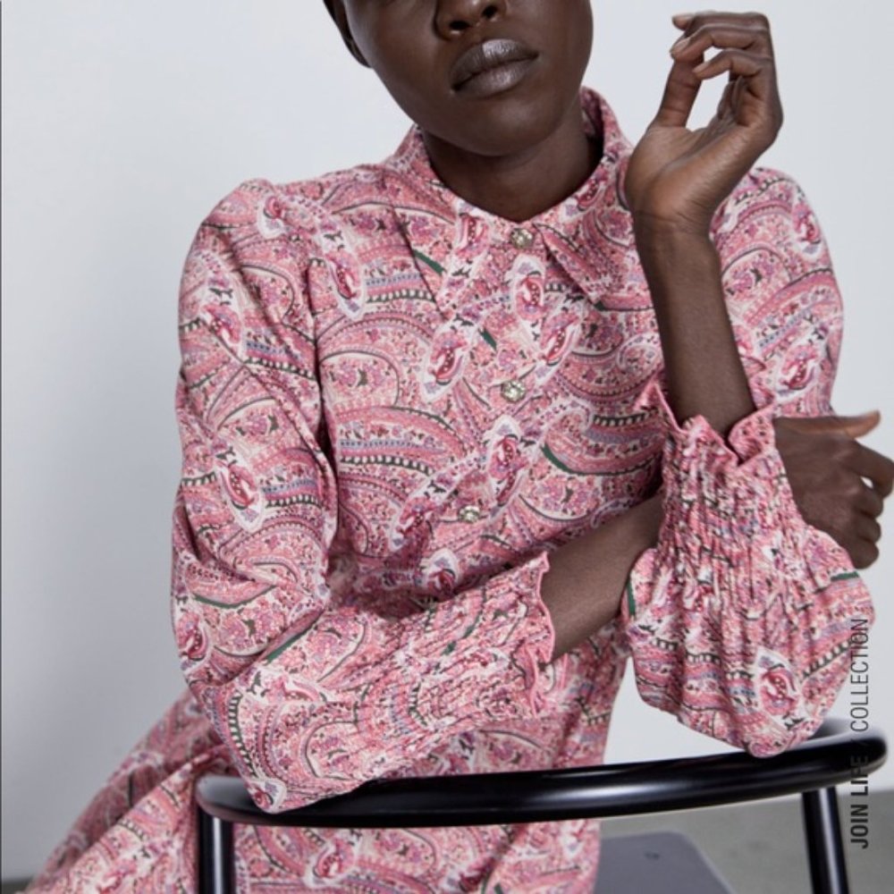 Zara Print Satin Dress w/ Jewel Buttons Pink